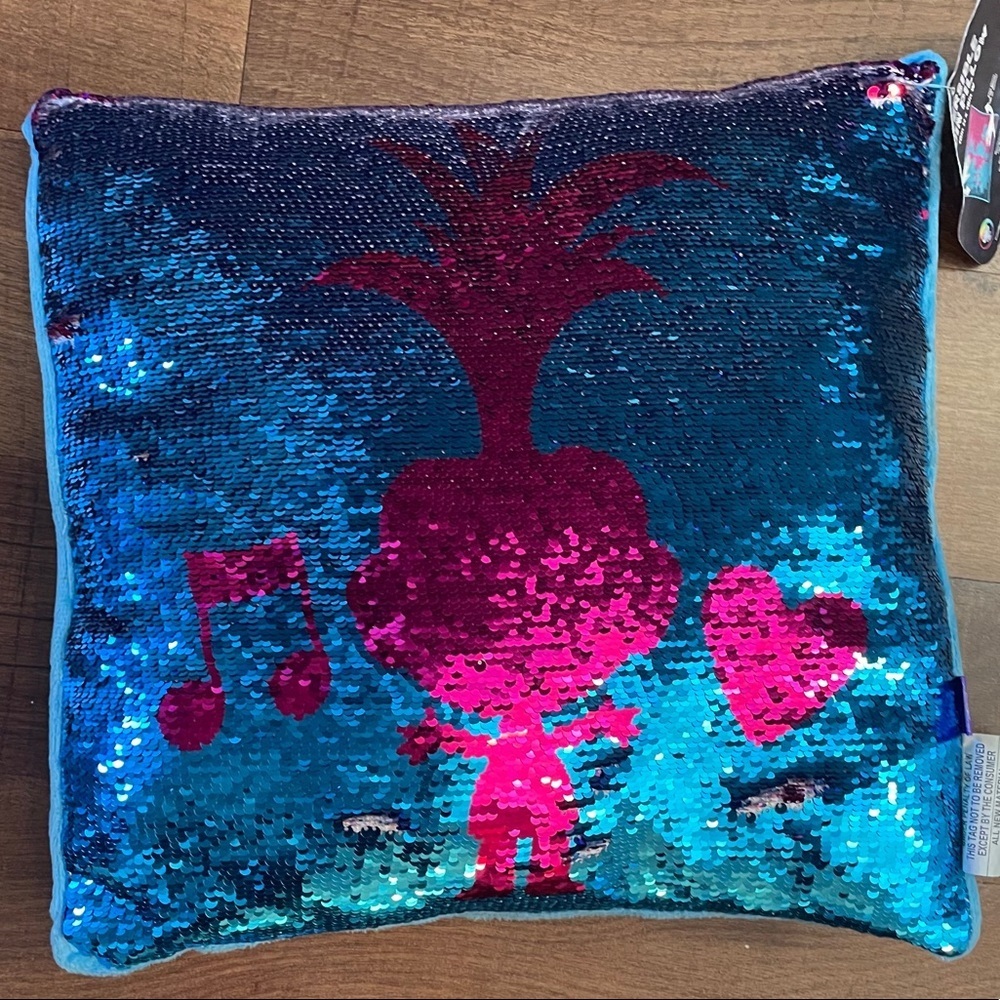 NWT Trolls movie flip sequin pillow blue pink 16”x16”